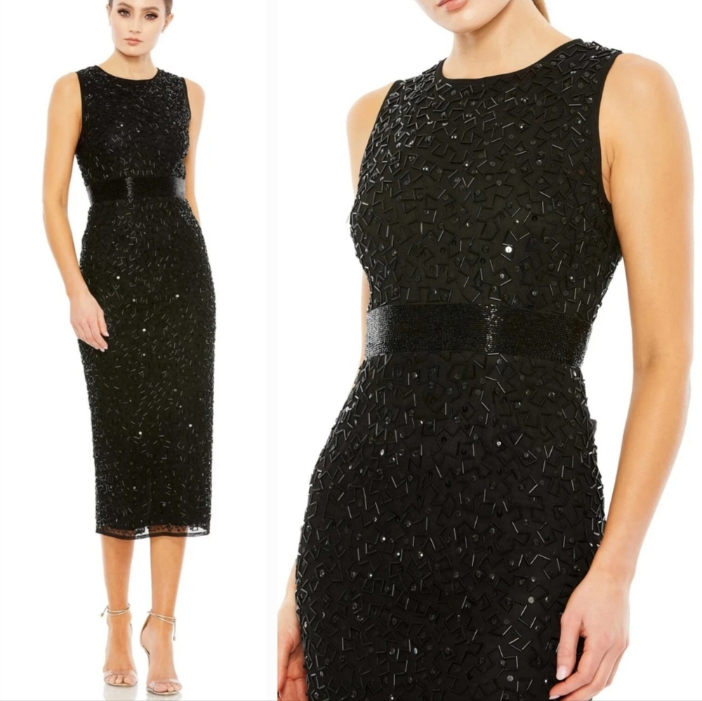 Mac Duggal 93758 Black Geometric Sequin Beaded Sleeveless Formal Midi Dress Sz 0